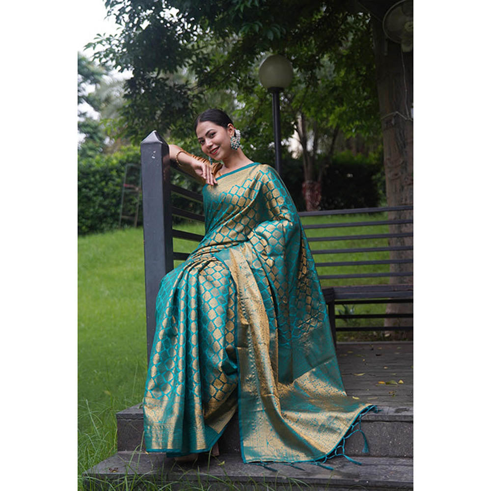 Isadora Life Womens Woven Zari Blue Pre-Draped Saree With Unstitched Blouse