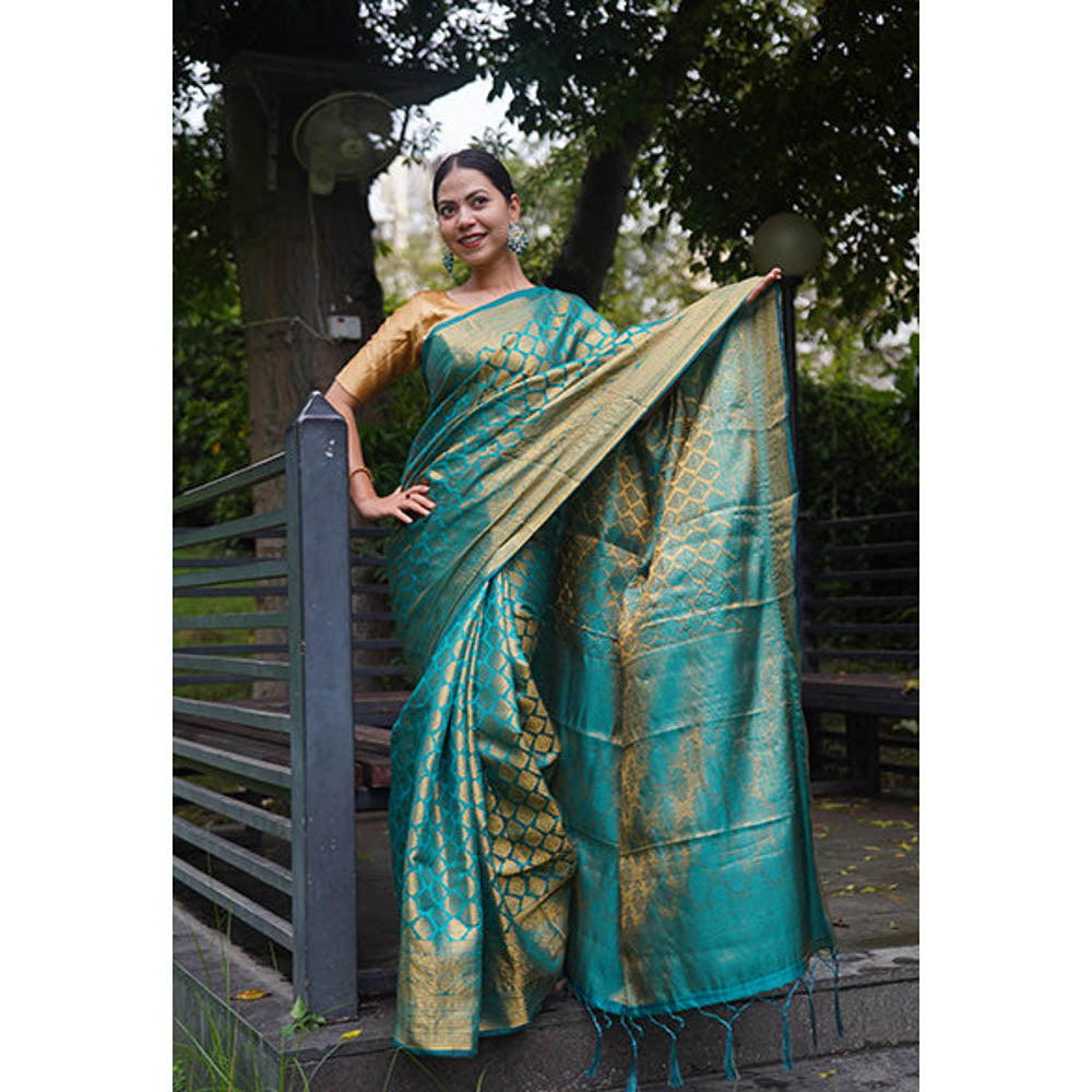 Isadora Life Womens Woven Zari Blue Pre-Draped Saree With Unstitched Blouse