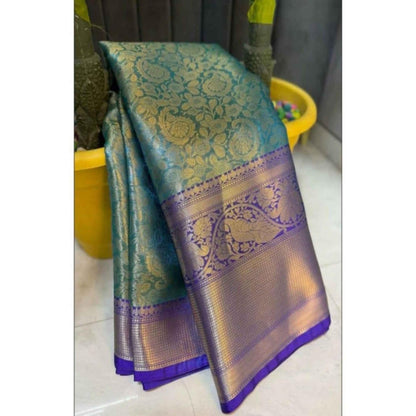 Isadora Life Womens Woven Zari Blue Pre-Draped Saree With Unstitched Blouse