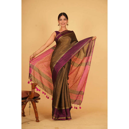 Isadora Life Womens Stripes Tassels Olive Pre-Draped Saree With Unstitched Blouse