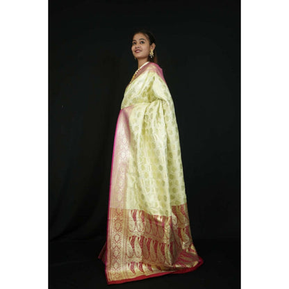 Isadora Life Womens Woven Zari Green Pre-Draped Saree With Unstitched Blouse