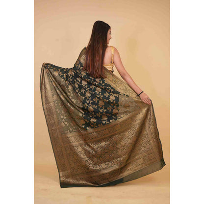 Isadora Life Womens Woven Zari Green Pre-Draped Saree With Unstitched Blouse