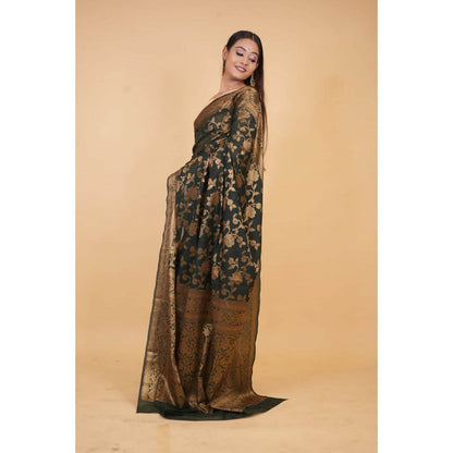 Isadora Life Womens Woven Zari Green Pre-Draped Saree With Unstitched Blouse