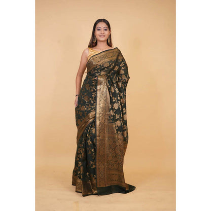 Isadora Life Womens Woven Zari Green Pre-Draped Saree With Unstitched Blouse