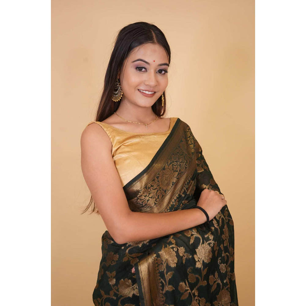 Isadora Life Womens Woven Zari Green Pre-Draped Saree With Unstitched Blouse