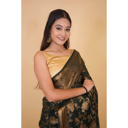 Isadora Life Womens Woven Zari Green Pre-Draped Saree With Unstitched Blouse