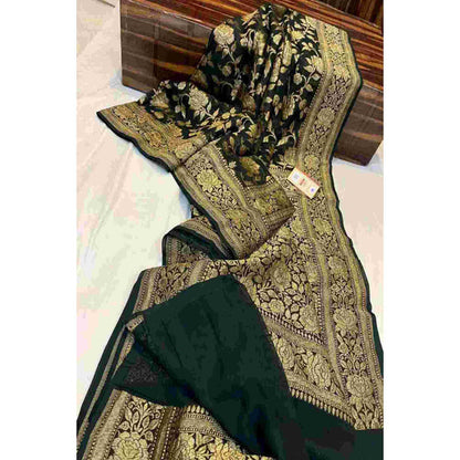 Isadora Life Womens Woven Zari Green Pre-Draped Saree With Unstitched Blouse