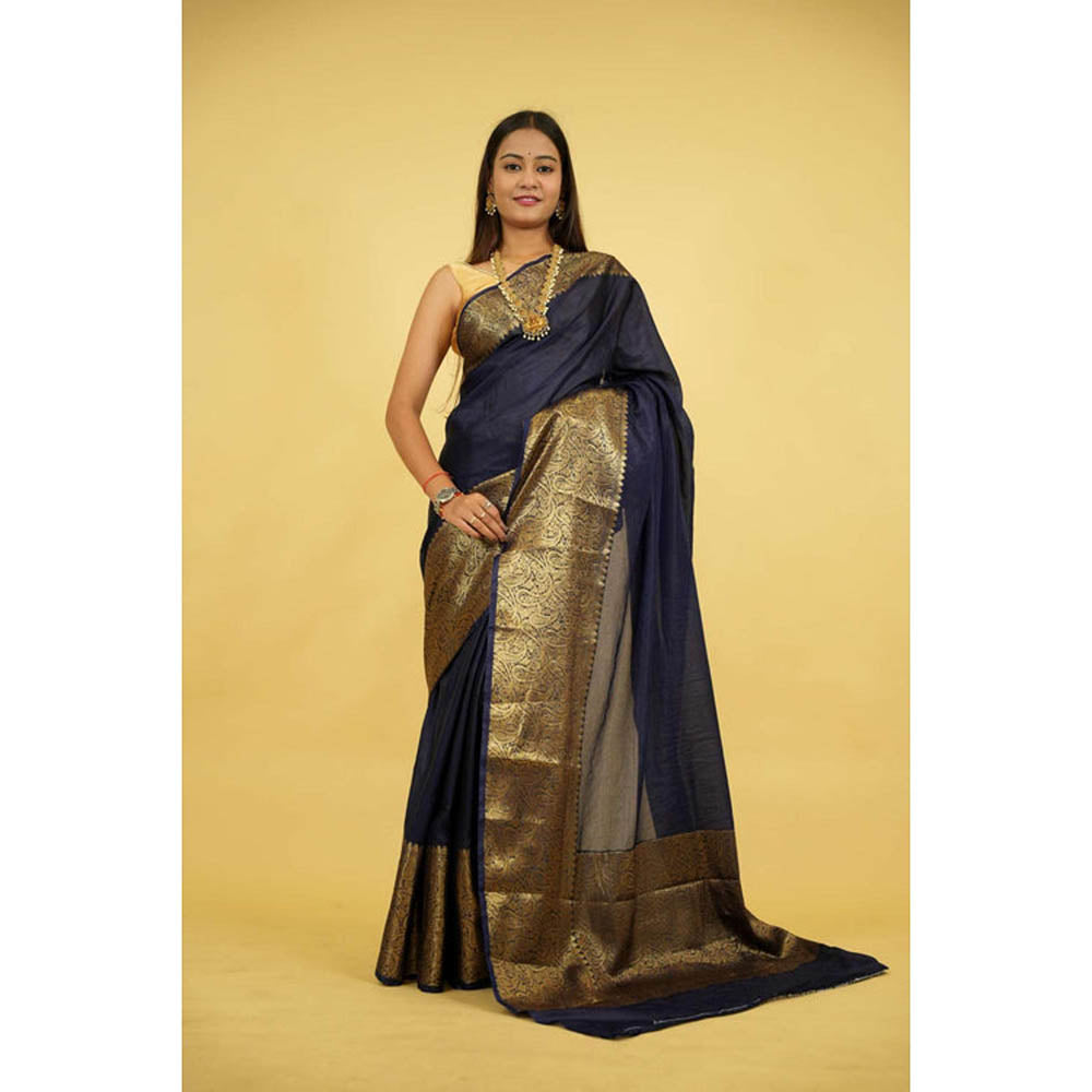 Isadora Life Womens Woven Zari Navy Blue Pre-Draped Saree With Unstitched Blouse
