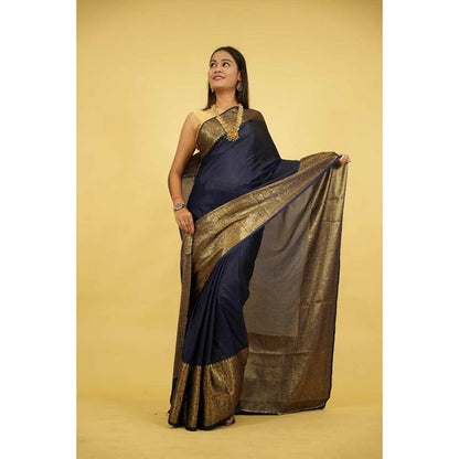 Isadora Life Womens Woven Zari Navy Blue Pre-Draped Saree With Unstitched Blouse