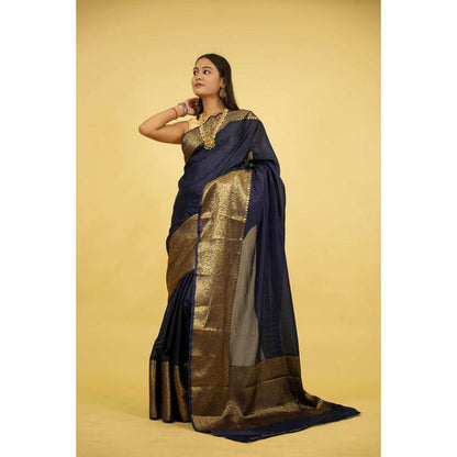 Isadora Life Womens Woven Zari Navy Blue Pre-Draped Saree With Unstitched Blouse