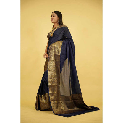 Isadora Life Womens Woven Zari Navy Blue Pre-Draped Saree With Unstitched Blouse