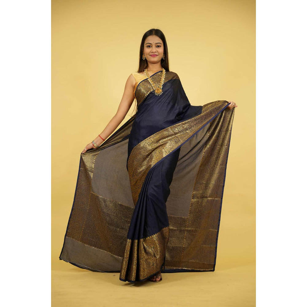 Isadora Life Womens Woven Zari Navy Blue Pre-Draped Saree With Unstitched Blouse