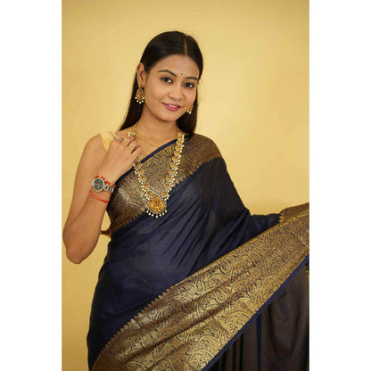 Isadora Life Womens Woven Zari Navy Blue Pre-Draped Saree With Unstitched Blouse