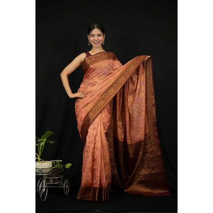 Isadora Life Womens Woven Zari Peach Pre-Draped Saree With Unstitched Blouse
