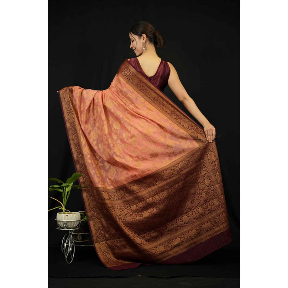 Isadora Life Womens Woven Zari Peach Pre-Draped Saree With Unstitched Blouse