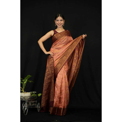 Isadora Life Womens Woven Zari Peach Pre-Draped Saree With Unstitched Blouse