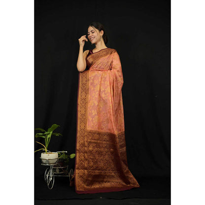 Isadora Life Womens Woven Zari Peach Pre-Draped Saree With Unstitched Blouse