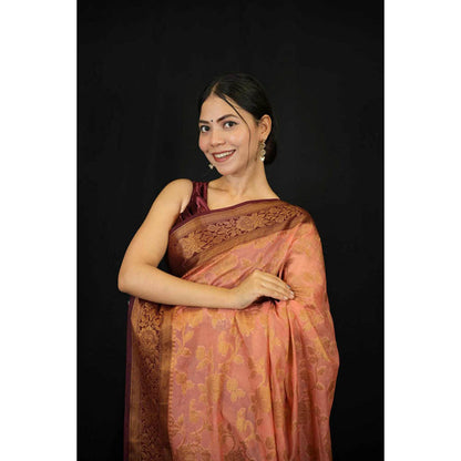 Isadora Life Womens Woven Zari Peach Pre-Draped Saree With Unstitched Blouse