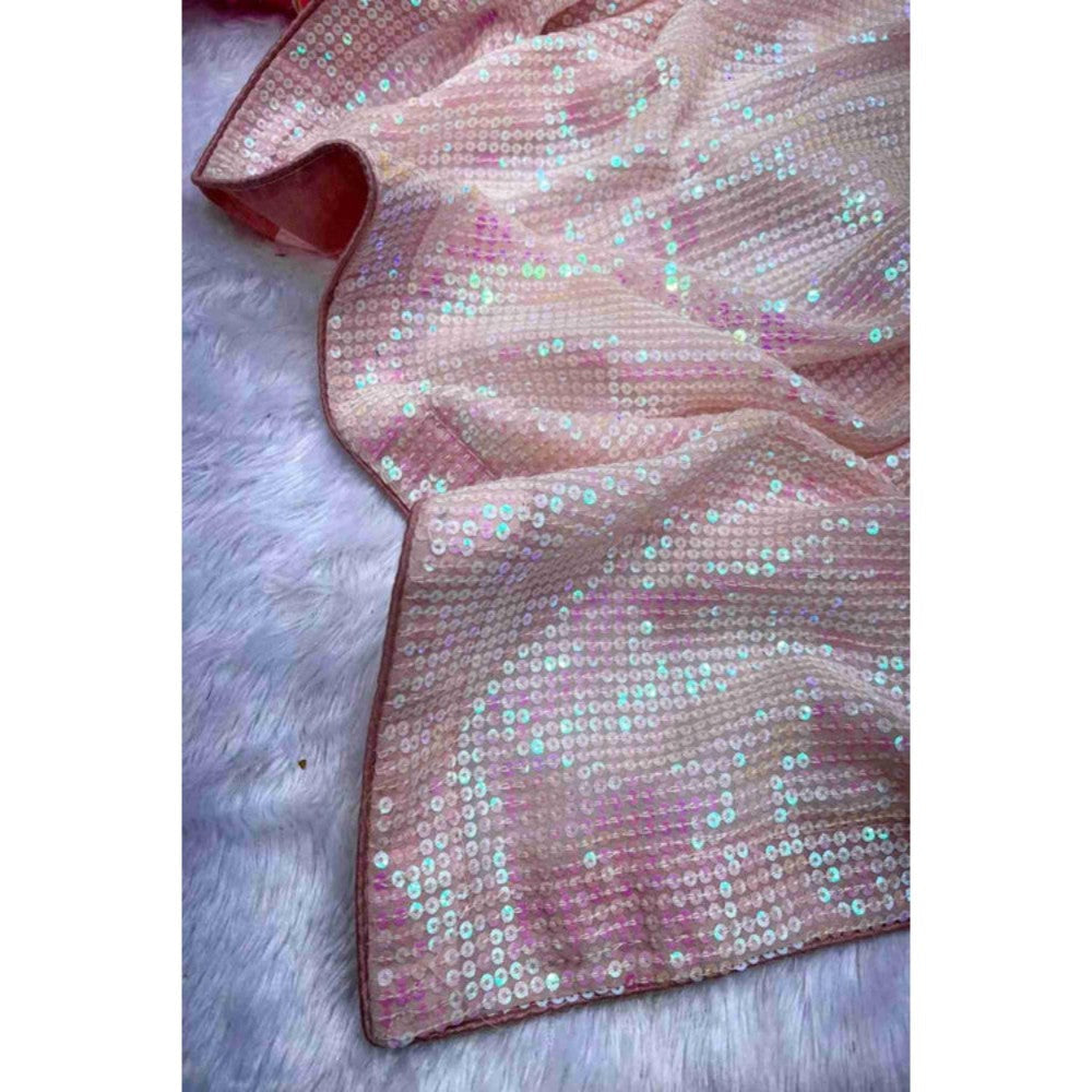 Isadora Life Womens Embroidered Sequined Pink Pre-Draped Saree With Unstitched Blouse