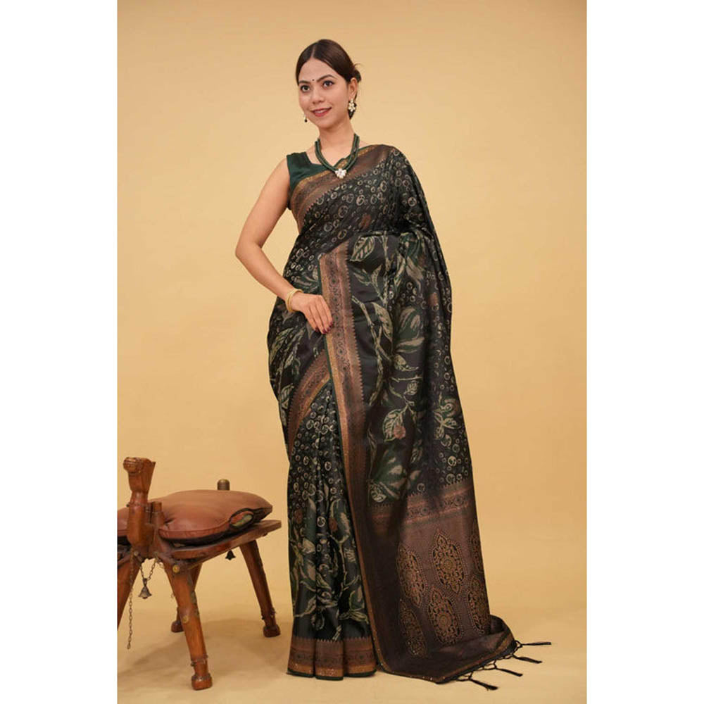 Isadora Life Womens Printed Tassels Black Pre-Draped Saree With Unstitched Blouse