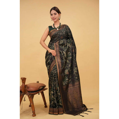 Isadora Life Womens Printed Tassels Black Pre-Draped Saree With Unstitched Blouse
