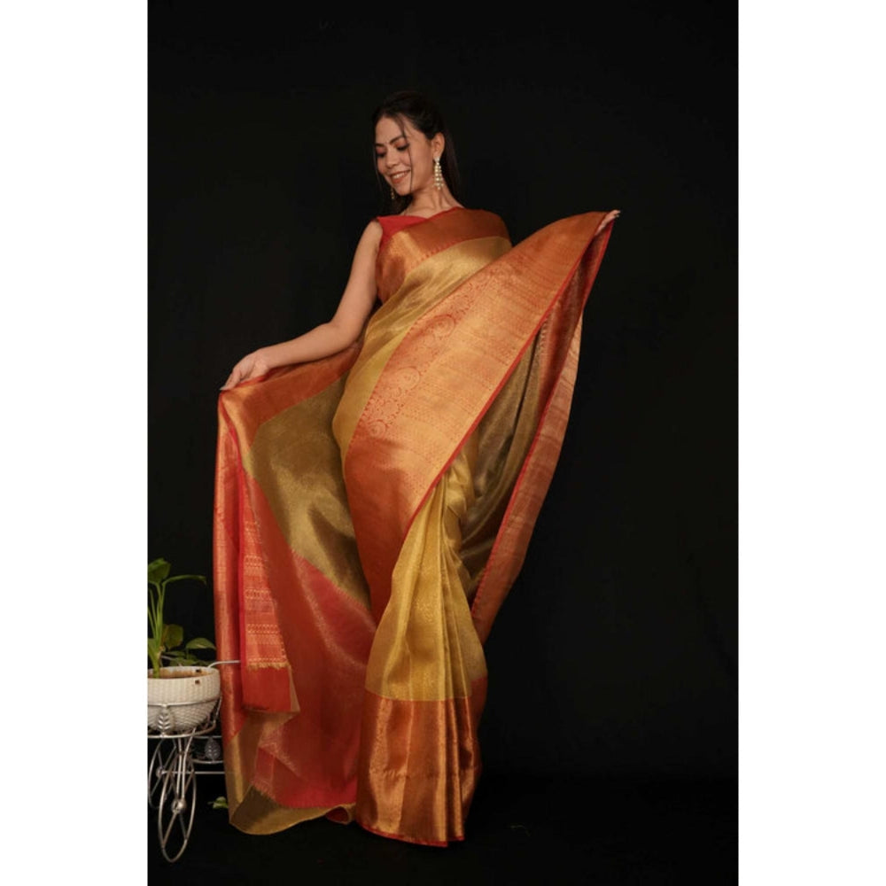 Isadora Life Womens Solid Zari Gold Pre-Draped Saree With Unstitched Blouse