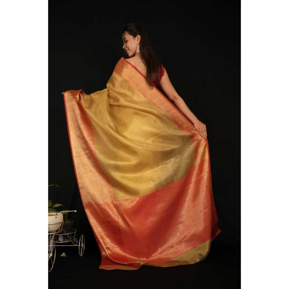 Isadora Life Womens Solid Zari Gold Pre-Draped Saree With Unstitched Blouse