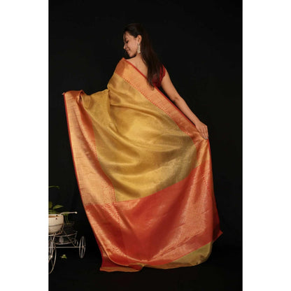 Isadora Life Womens Solid Zari Gold Pre-Draped Saree With Unstitched Blouse