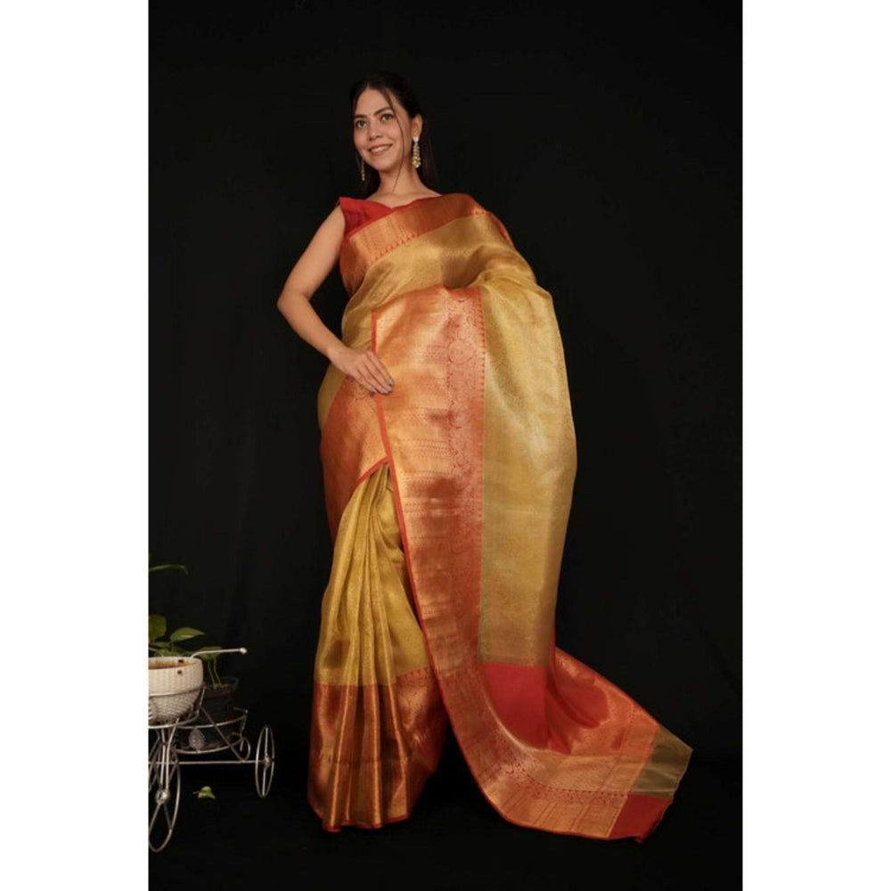 Isadora Life Womens Solid Zari Gold Pre-Draped Saree With Unstitched Blouse