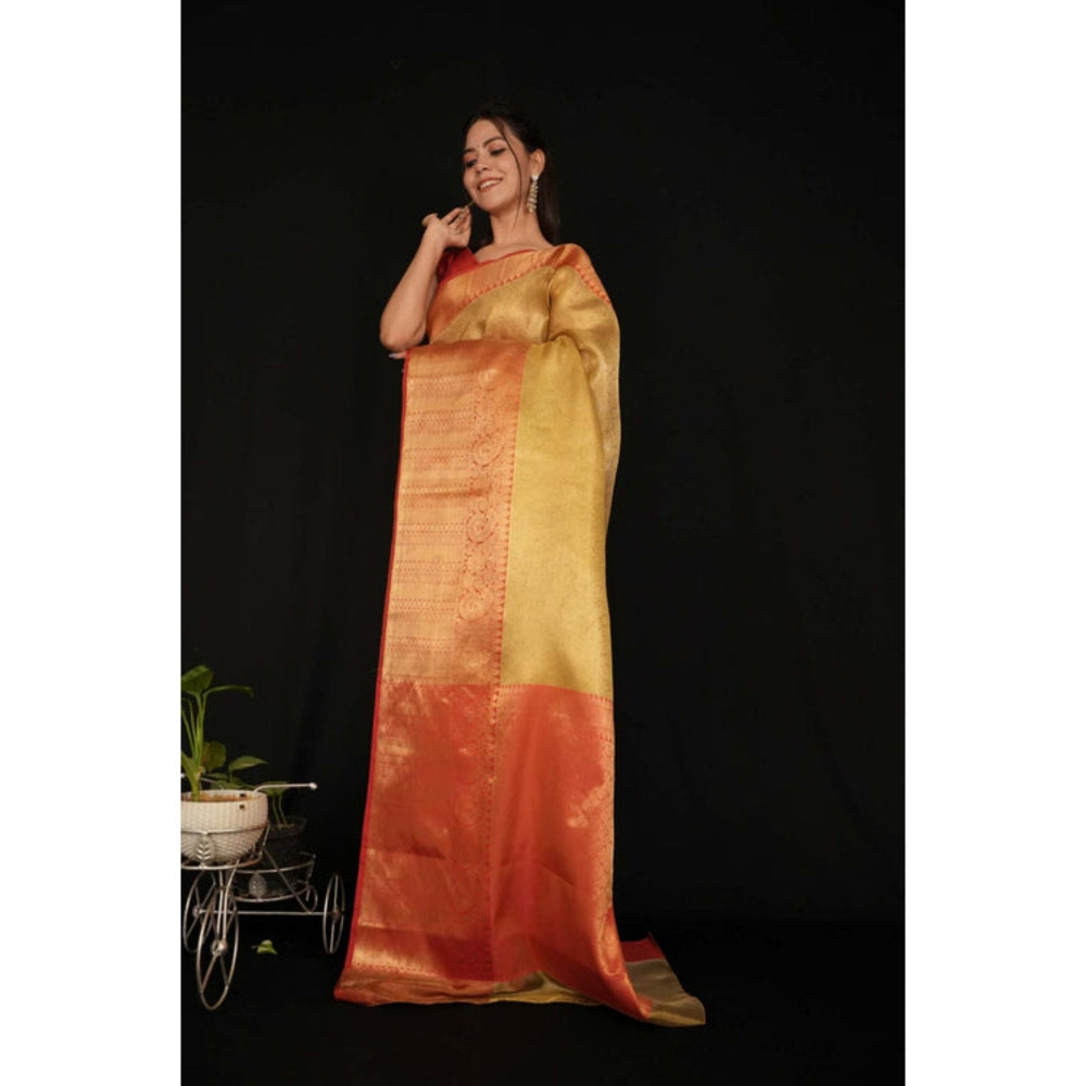 Isadora Life Womens Solid Zari Gold Pre-Draped Saree With Unstitched Blouse