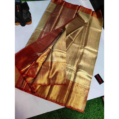 Isadora Life Womens Solid Zari Gold Pre-Draped Saree With Unstitched Blouse