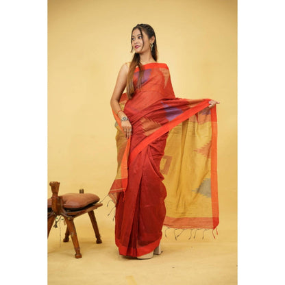 Isadora Life Womens Woven Ikat Red Pre-Draped Saree With Unstitched Blouse