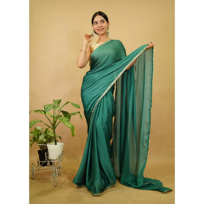 Isadora Life Womens Solid Sequined Green Pre-Draped Saree With Unstitched Blouse
