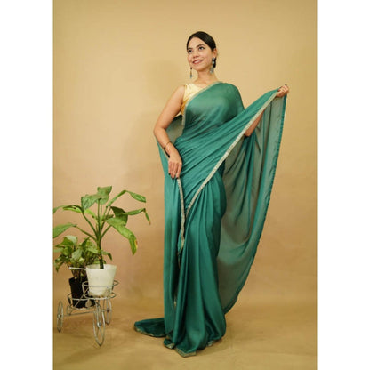 Isadora Life Womens Solid Sequined Green Pre-Draped Saree With Unstitched Blouse