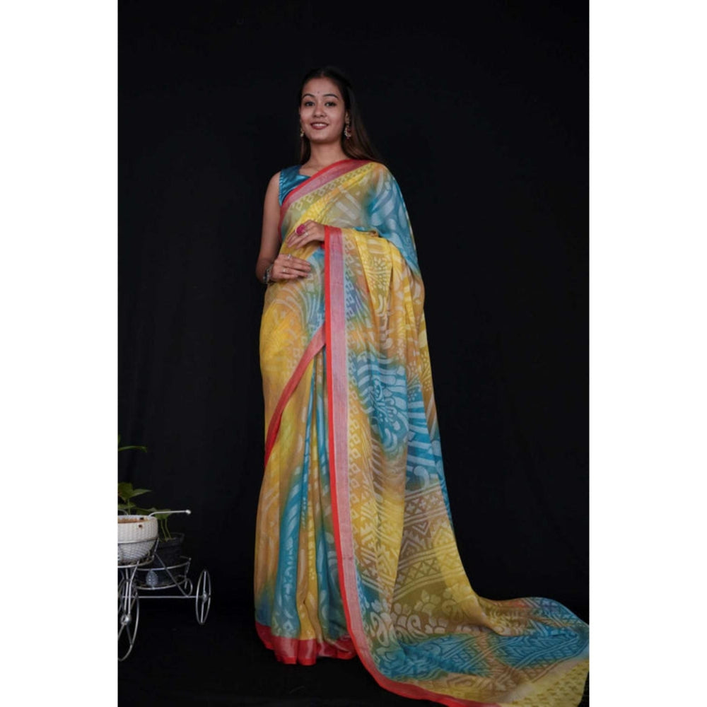 Isadora Life Womens Printed Multi-Color Pre-Draped Saree With Unstitched Blouse