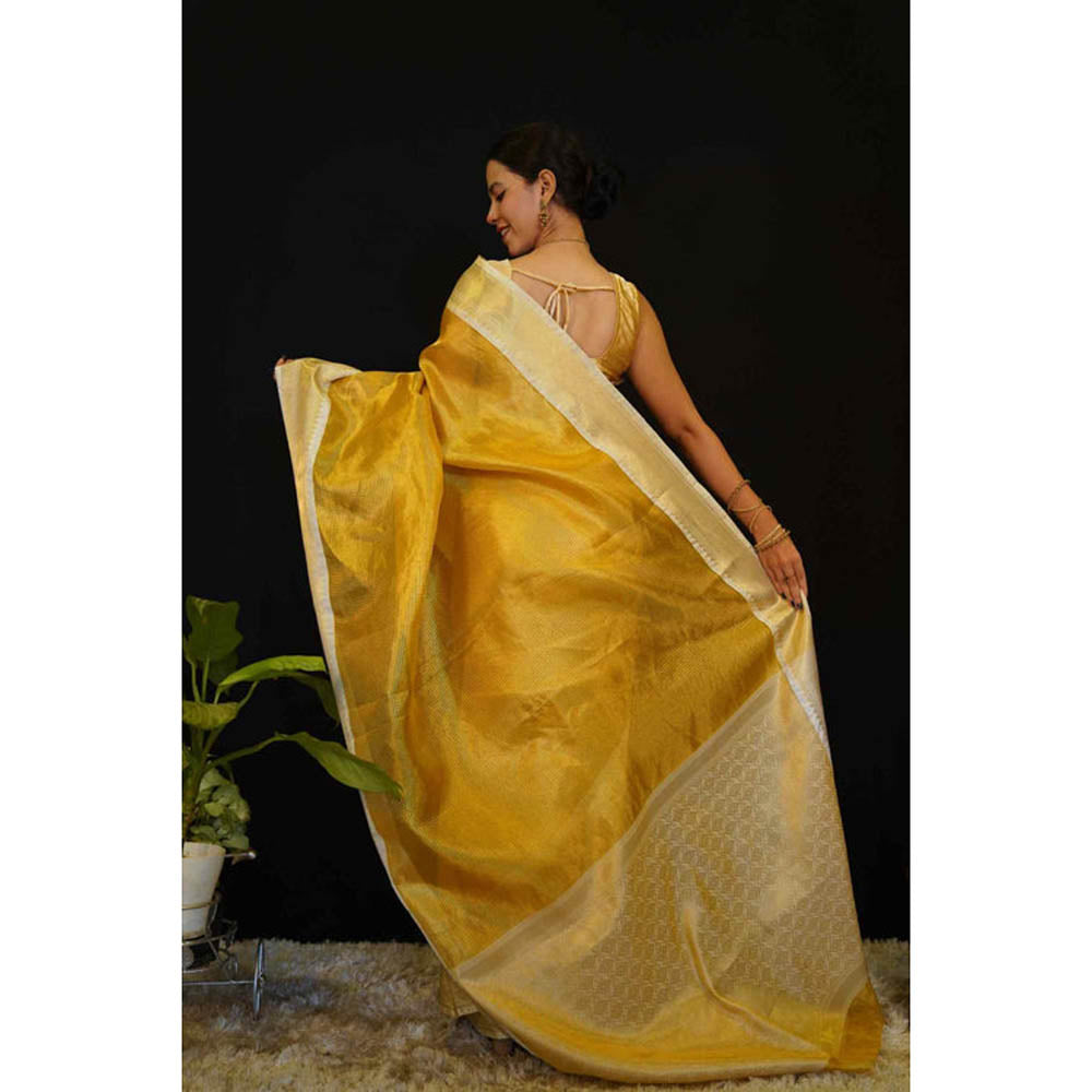 Isadora Life Womens Woven Zari Yellow Pre-Draped Saree With Unstitched Blouse