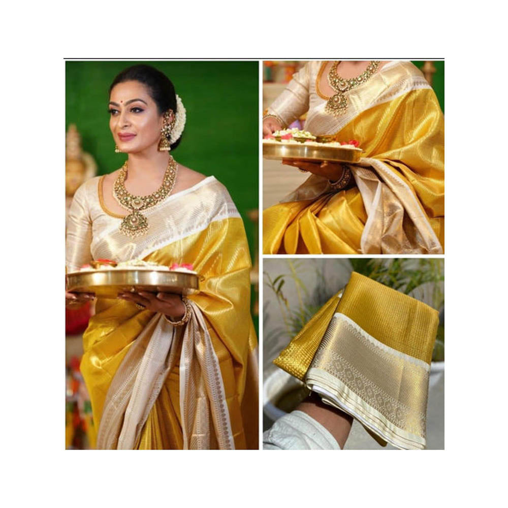 Isadora Life Womens Woven Zari Yellow Pre-Draped Saree With Unstitched Blouse