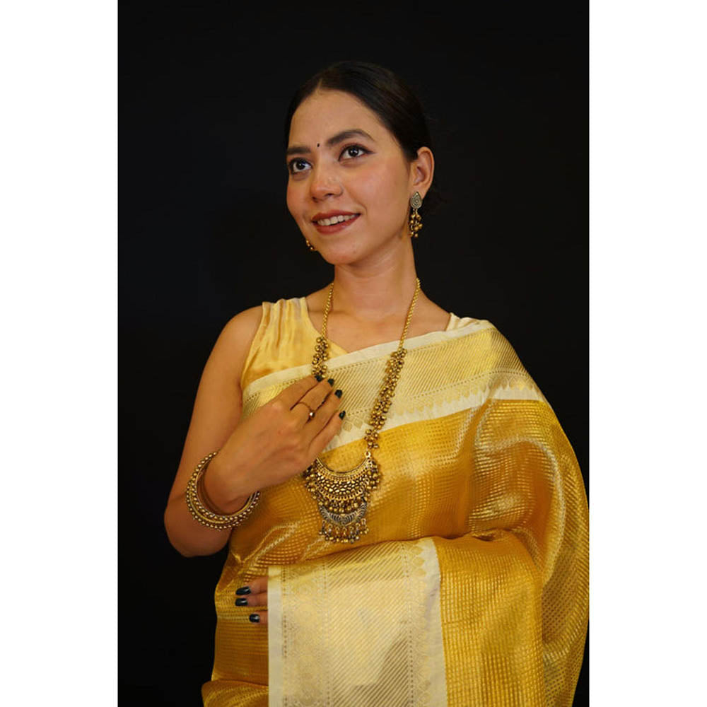 Isadora Life Womens Woven Zari Yellow Pre-Draped Saree With Unstitched Blouse