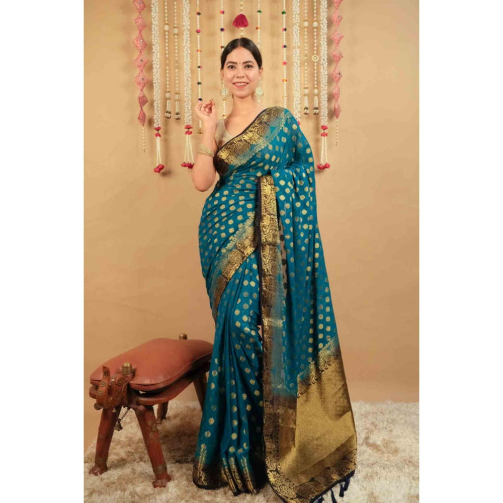 Isadora Life Womens Woven Tassels Blue Pre-Draped Saree With Unstitched Blouse