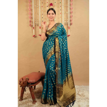 Isadora Life Womens Woven Tassels Blue Pre-Draped Saree With Unstitched Blouse