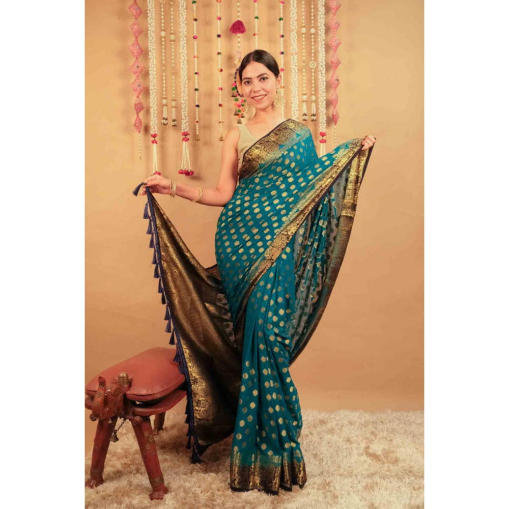 Isadora Life Womens Woven Tassels Blue Pre-Draped Saree With Unstitched Blouse