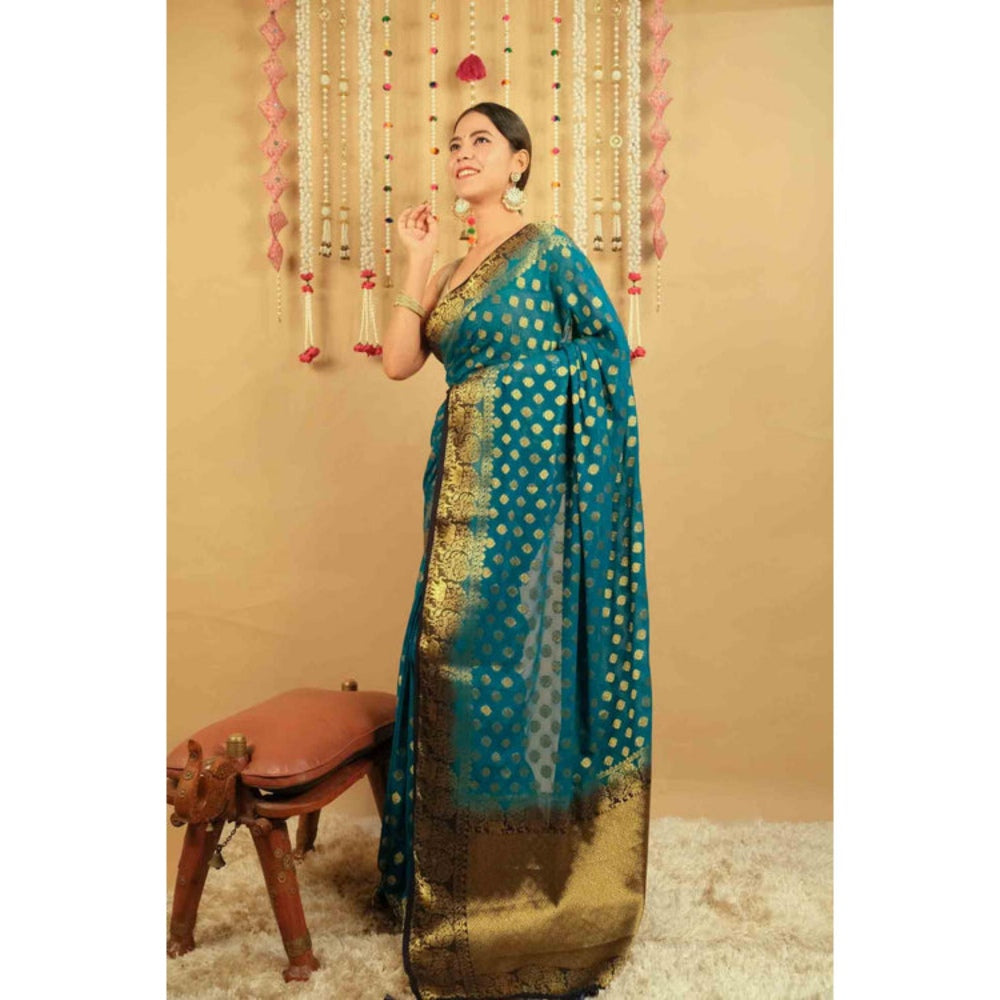 Isadora Life Womens Woven Tassels Blue Pre-Draped Saree With Unstitched Blouse
