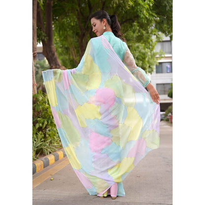 Isadora Life Womens Printed Multi-Color Pre-Draped Saree With Unstitched Blouse