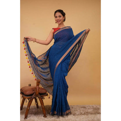 Isadora Life Womens Woven Sequined Blue Pre-Draped Saree With Unstitched Blouse
