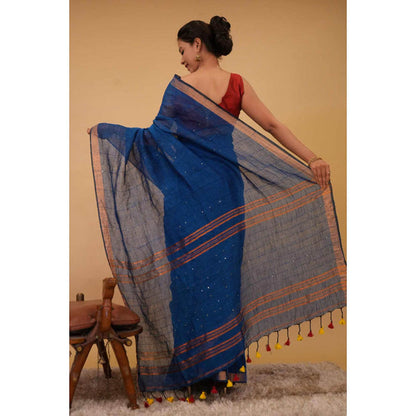 Isadora Life Womens Woven Sequined Blue Pre-Draped Saree With Unstitched Blouse