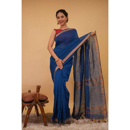 Isadora Life Womens Woven Sequined Blue Pre-Draped Saree With Unstitched Blouse