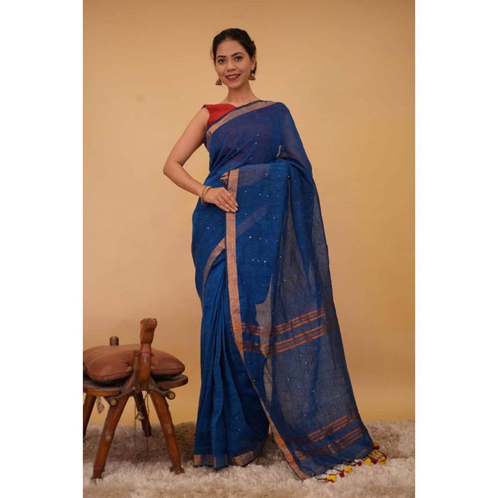 Isadora Life Womens Woven Sequined Blue Pre-Draped Saree With Unstitched Blouse