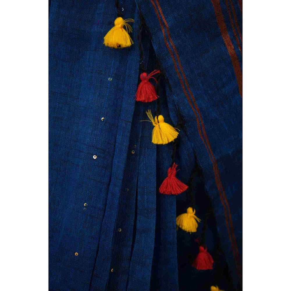 Isadora Life Womens Woven Sequined Blue Pre-Draped Saree With Unstitched Blouse