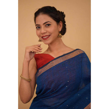 Isadora Life Womens Woven Sequined Blue Pre-Draped Saree With Unstitched Blouse