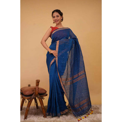 Isadora Life Womens Woven Sequined Blue Pre-Draped Saree With Unstitched Blouse